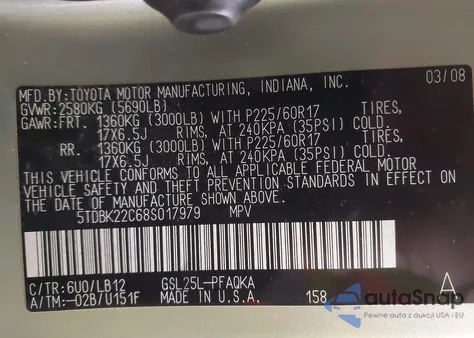 2008 Toyota Sienna Limited z USA, uszkodzony, nr VIN 5TDBK22C68S017979